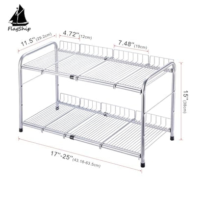 FlagShip 2 Tier Under Sink Organizers and Storage Rack Expandable Cabinet Shelf for Kitchen Bathroom Silver (17-25 inches)