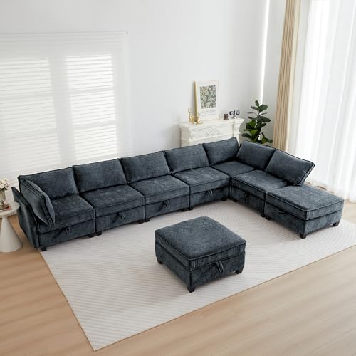 L Shaped Couch with Storage, Modular Sectional L Sleeper Sofa Cama Moderno Sets for Home Living Room, Lounge Sofa Couch Sectional Convertible for Bedroom, Office - color: Navy Blue, size: L Shaped-5+2