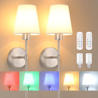 Shenmoyl Battery Operated Wall Sconces Set of 2, 80H Usage Time 22.6" Rechargeable Wall Light with Dimmable Bulb, 12 Colors Wall Sconce for Bedroom Living Room, Silver - color: Nickel