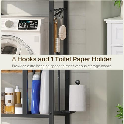Over The Toilet Storage Rack, 3-Tier Bathroom Organizer Shelf, Above Toilet Storage with Paper Holder 8 Hooks, Over The Toilet Storage Cabinet for Bathroom, Laundry, Rustic Brown and Black TR06BR