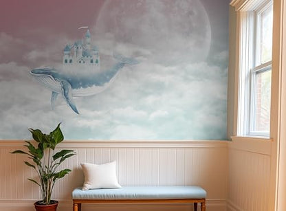 ASJ Kids Nursery Peel and Stick Wallpaper Mural, Whale Castle Moonlight | Seamless edge-to-edge match. Full moon cloud fairy tale artwork, 118x78 in, premium fabric, kids bedroom playroom. - color: Moonlight Silver, size: 118" x 78"