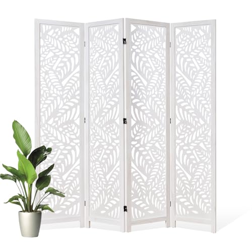 Leaf-Carved Room Divider Privacy Screen - 67 Inch Tall Foading Decorative Wood Screen Dividers Panel for Home - Natural Wood Room Partitions for Enhanced Privacy and Style White 4 Panel - color: White, size: 4 Panels
