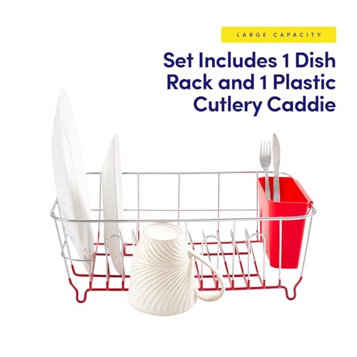 Sweet Home Collection Metal 2 Piece Dish Drying Rack Set Drainer with Utensil Holder Simple Easy to Use Fits in Most Sinks, 14.5" x 13" x 5.25", Red - color: Red