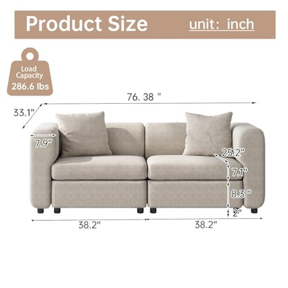 Velvet Loveseat Sofa, Modern Modular Sofa with 2 Pillows, 2-Seat Sofa Sectional Couch with Extra Deep Seats for Living Room, Apartment, Office, Small Space, Beige (No Ottoman), 76.38" L - size: 2 Seat Sofa (No Ottoman)