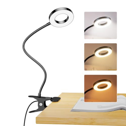 Clip on Light 5W Desk Lamp, Eye Caring Reading Light for Bed | 3 Colors & 6 Brightness, 48 LED Beads, 360° Flexible Metal Gooseneck,Black - color: Black
