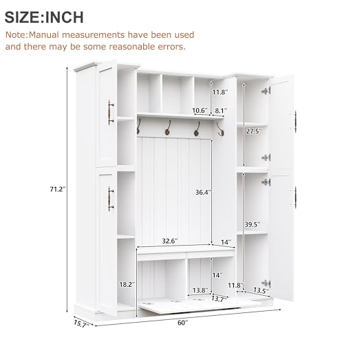 JIVOIT Farmhouse Hall Tree with 4 Side Cabinets, Adjustable Shelves & Open Cubbies, All-in-One Mudroom Furniture, Beadboard Entryway Bench with Coat Rack & 5 Hooks for Hallway (White,152) - color: White,152