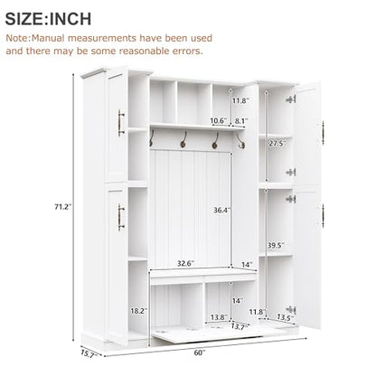 JIVOIT Farmhouse Hall Tree with 4 Side Cabinets, Adjustable Shelves & Open Cubbies, All-in-One Mudroom Furniture, Beadboard Entryway Bench with Coat Rack & 5 Hooks for Hallway (White,152) - color: White,152