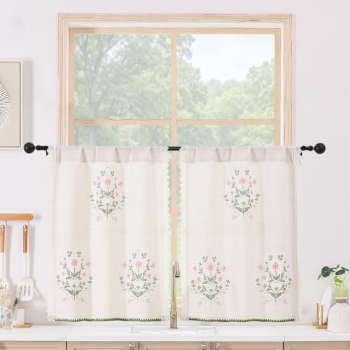 Chyhomenyc 30 Inch Floral Tier Curtains, Light Filtering Faux Linen Short Cafe Curtains with Floral Print Lace Edge, Half Window Curtains for Kitchen Bathroom, 26" W x 30" L, 2 Panels - size: 26"W x 30"L (Pack of 2)
