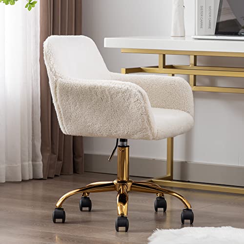 Faux Fur Office Desk Chair, Comfy Swivel Armchair with Wheels, Upholstered Fuzzy Vanity Chair, Adjustable Height, White | Fluffy Swivel Modern Armchair Upholstered Fuzzy Height Adjustable for Teens Women Girls Elegant for Living Room Bedroom - color: Whit