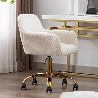 Faux Fur Office Desk Chair, Comfy Swivel Armchair with Wheels, Upholstered Fuzzy Vanity Chair, Adjustable Height, White | Fluffy Swivel Modern Armchair Upholstered Fuzzy Height Adjustable for Teens Women Girls Elegant for Living Room Bedroom - color: Whit