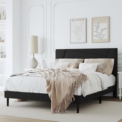 Queen Size Upholstered Bed Frame Frame with Headboard，Velvet Black | Geometric Head Board Platform Bed, Sturdy Wooden Slats, Noiseless No Box Spring Required, Easy to Assemble - color: Black, size: Queen