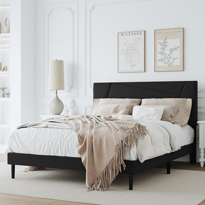 Queen Size Upholstered Bed Frame Frame with Headboard，Velvet Black | Geometric Head Board Platform Bed, Sturdy Wooden Slats, Noiseless No Box Spring Required, Easy to Assemble - color: Black, size: Queen