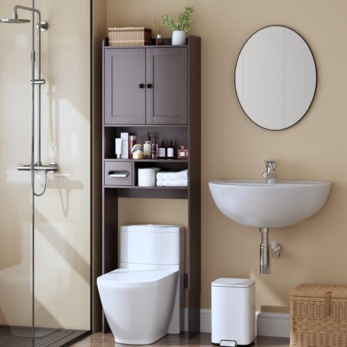 Over the Toilet Storage Cabinet, Tall Slim Bathroom Organizer with Doors, Adjustable Shelves & Built-in Toilet Paper Holder, Space-Saving Above Toilet Cabinet for Small Bathrooms (Espresso) - color: Espresso