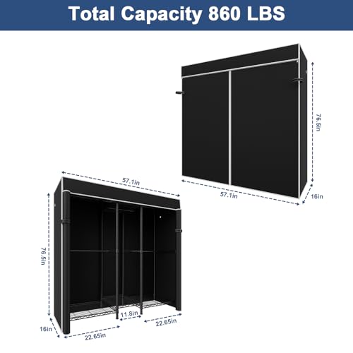 E12C Heavy Duty Closet Organizer System，Freestanding Clothing Rack, Adjustable Garment Rack 57.1" W x 16" D x 76.5" H Holds 860 lbs, Black Clothing Rack with Black Dustproof Cover - color: Black Rack With Black Cover, size: E12C