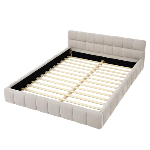 Queen Size Upholstered Cloud Bed Frame, Low Profile Platform Bed with Soft Chenille Headboard, Modern Floor Bed with Wooden Slats