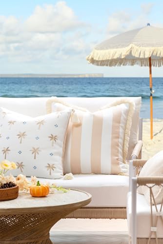 Hofdeco Premium Fall Coastal Patio Indoor Outdoor Pillow Cover Only, 20"x20" Water Repellent for Backyard, Couch, Neutral Tan Stripe Fringe - color: Neutral Tan Stripe 20"x20"