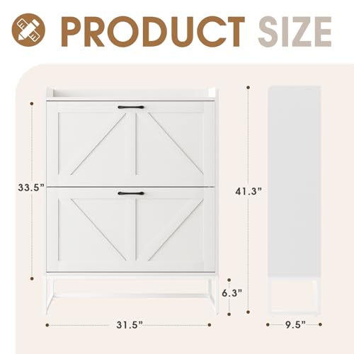 GRUSIGN Shoe Cabinet, Shoe Storage Cabinet with 2 Flip Drawers & Adjustable Shelf, Space-Saving Shoe Organizer – Holds 16+ Pairs, Narrow Shoe Cabinet Storage for Entryway/Hallway（White） - color: White