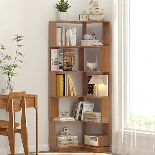 GDFStudio 64.6" Tall L-Shaped Corner Bookshelf, 6-Tier Freestanding Corner Shelf Bookcase with Anti-Drop Panels, Wooden Open Back Display Shelves Organizer for Living Room Bedroom Office, Dark Oak - color: Dark Oak