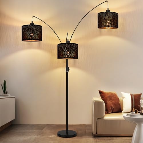 Dimmable Floor Lamp-3 Lights Arc Floor Lamps for Living Room,Modern Tall Standing Lamp With Black Drum Hollow-carved Linen Shades,Gothic Mid Century Tree Floor Lamp for Bedroom Corner,Bulbs Included - size: E