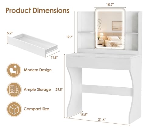 White Small Vanity Desk with Mirror and 3 Adjustable Light Modes | Dimmable Lighting, Multi Storage Area, Quick Assembly, CARB P2 Certified Material - color: White