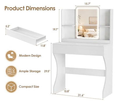 White Small Vanity Desk with Mirror and 3 Adjustable Light Modes | Dimmable Lighting, Multi Storage Area, Quick Assembly, CARB P2 Certified Material - color: White
