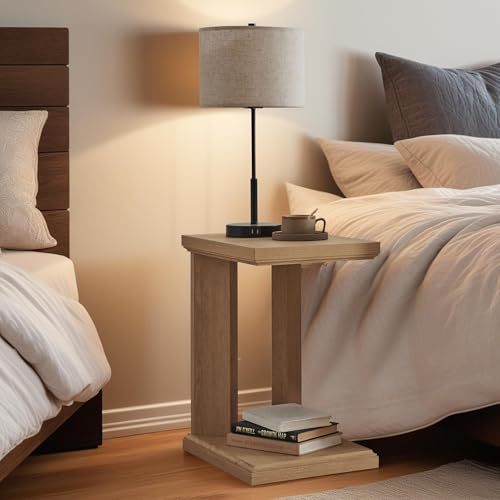 C Shaped End Table Set of 2, 23.2'' in Height Wooden Narrow Living Room Couch Side Table, 2 Tier Storage, Grain Wood Modern Nightstand for Bedroom, Apartment, Home Office (Natural Oak) - size: 2 Pack