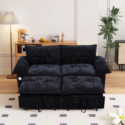 73" Plush Velvet Convertible Loveseat Sleeper Sofa Bed, Loveseat Convertible with Hidden Mattress, Sofa Bed Couch Simple Assembly for Small Apartment and Guest Space, Black - color: Black
