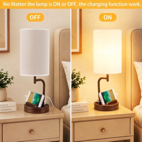 Dreamholder Touch Control USB Table Lamp with USB C/A & AC Outlet, 3-Way Dimmable Bedside Lamp, Modern Nightstand Lamps for Bedroom Living Room Guest Room Office, Bulb Included, Walnut - color: Wanut