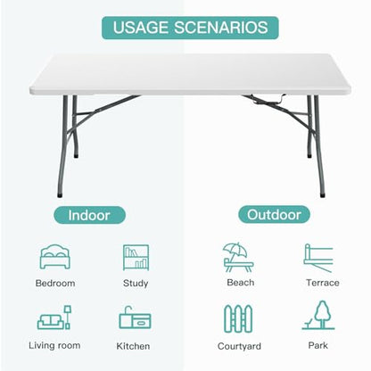 6 ft Plastic Folding Table with Nylon Tablecloth and Carry Handle | 71 x 28 x 29 in, heavy-duty frame, quick setup, picnic, party, dining and camping use - size: 6ft Folding Table + Tablecloth