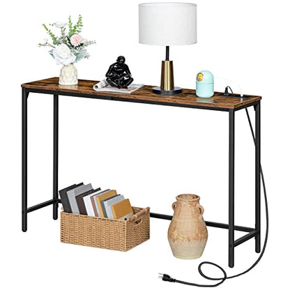 HOOBRO 47.2" Console Table with Power Outlets and USB Ports, Sofa Narrow Entryway Table with Charging Station, Behind Couch Table, Hallway, Foyer, Living Room, Bedroom, Rustic Brown BF301XG01G1