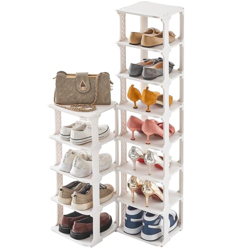 5 Tiers Vertical Shoe Rack, Narrow Free Standing Shoe Storage Organizer for Entryway and Small Closet, Stackable Shoe Holder Shelf Stability DIY, Beige - color: Beige, size: 9.6"L x 10.4"W x 5.5"H