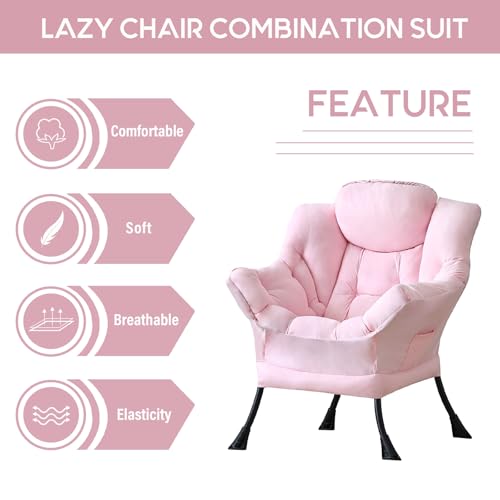 Lazy Chair with Ottoman, Comfy Accent Reading Chair, Pink | Foldable Footrest,Removable Cover,with Armrests and Side Pockets,Upholstered Lounge Chair for Bedroom,Dorm,Office,Small Space - color: Single Pink