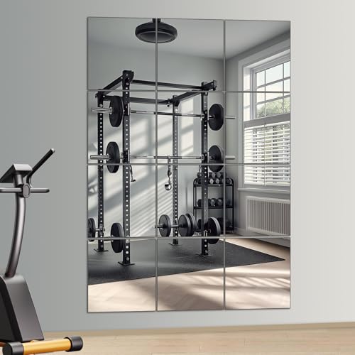 Home Gym Mirror, 12Pcs 10"x 12" Wall Mirror Tiles, Frameless HD Glass Full Length Wall Mirrors for Wall Decor, Bedroom, Living Room, Over The Door, Self Adhesive - size: 12Pcs- 12" × 10"