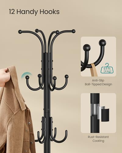 SONGMICS Coat Rack Freestanding Metal Coat Rack Stand with 12 Hooks | Coat Rack with Umbrella Holder - style: with square umbrella holder