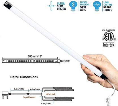 Cefrank 4-Pack 12" LED Display Light Bar, 6000K White Plug-in ETL Showcase | Under Cabinet Lighting for Kitchen Counter, Curio, Glass Display, Bookshelf, Screw & Tape Mount