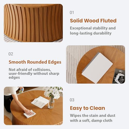 Modern Round Coffee Table Set of 2 Nesting Wood Fluted End Table Set | Drum Side Table, Circle Accent Tables, For Living Room Bedroom Balcony Office, Small Space - color: Natrual