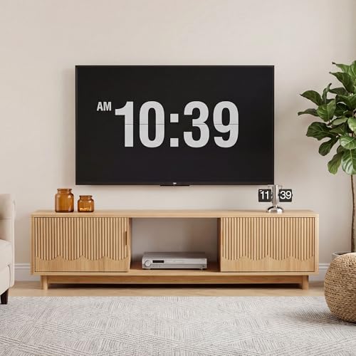 FurSch 62.2" Mid Century Modern Fluted TV Stand, Natural | Low Profile, 3D Slatted & Waved Design Panel, For Living Room Bedroom - color: Natural