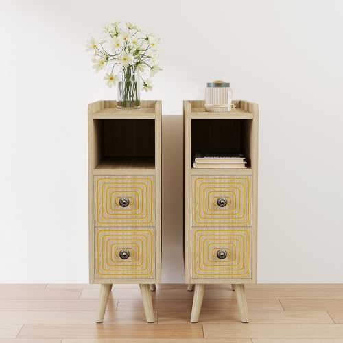 Nightstands Set of 2,Night Stand Bed Side Table with Storage Space,Wooden Bedside Table with Open Shelf,2 Drawers,End Table with Solid Wood Feet for Bedroom,College Dorm,Entryway (Natural) - color: Natural