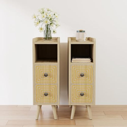 Nightstands Set of 2,Night Stand Bed Side Table with Storage Space,Wooden Bedside Table with Open Shelf,2 Drawers,End Table with Solid Wood Feet for Bedroom,College Dorm,Entryway (Natural) - color: Natural