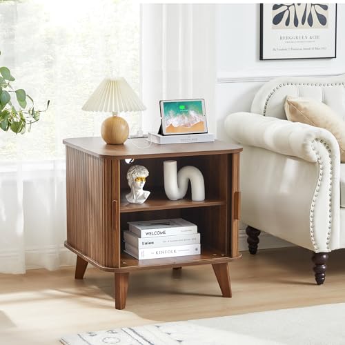 24" Modern End Table with Charging Station, Fluted Side Table,Walnut | Farmhouse Sofa Side Tables Living Room, Mid-Century Wood Nightstand with Sliding Tambour Door & Storage, Wooden End Table - color: Walnut