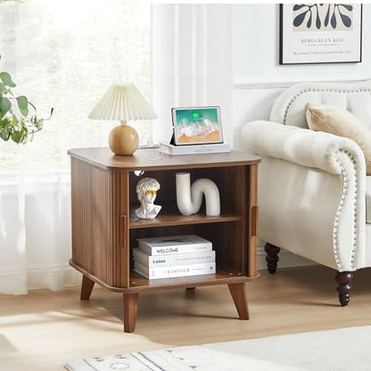 24" Modern End Table with Charging Station, Fluted Side Table,Walnut | Farmhouse Sofa Side Tables Living Room, Mid-Century Wood Nightstand with Sliding Tambour Door & Storage, Wooden End Table - color: Walnut