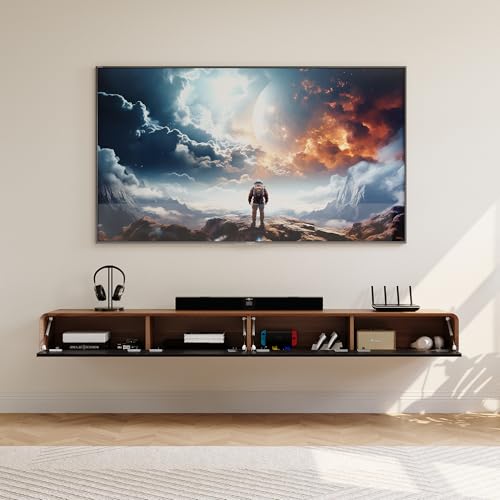 POVISON Fully-Assembled Minimalist Floating TV Stand, Modern Wall-Mounted Entertainment Center with 4 Flip-Down Cabinet Doors, Solid Wood Media Console, Walnut Veneer, 94" - color: Walnut & Black, size: 94.49"