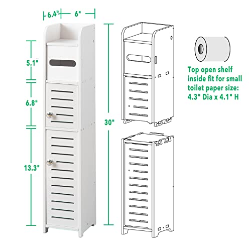 TuoxinEM Storage Cabinet for Small Spaces, Over The Toilet Cabinet for Skinny Bathroom Storage Corner Floor, Slim Paper Holder with 2 Doors & Shelves (White)