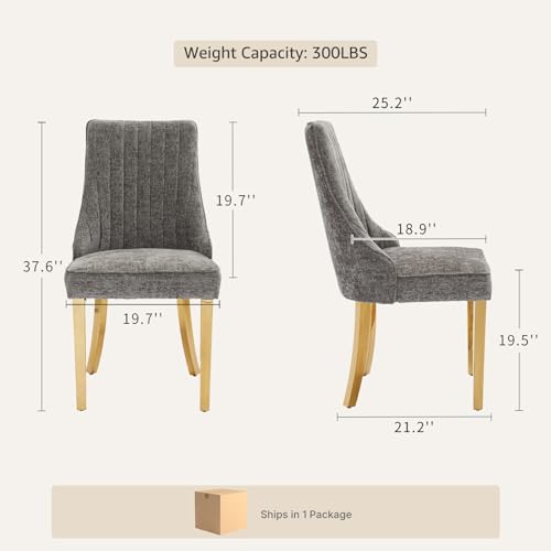 Upholstered Dining Chairs Set of 2, High Back Side Chairs for Kitchen and Dining Room, Mid-Century Modern Chenille Seating with Gold Metal Legs, Grey - color: Grey, Gold Legs, size: Set of 2