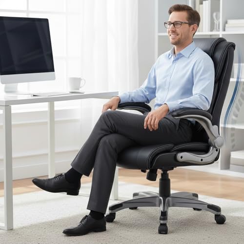 COLAMY Leather Executive Office Chair- High Back Home Computer Desk Chair with Padded Flip-up Arms, Adjustable Tilt Lock, Swivel Rolling Ergonomic Chair for Adult Working Study-Black, Set of 2 - color: Black, size: Set of 2