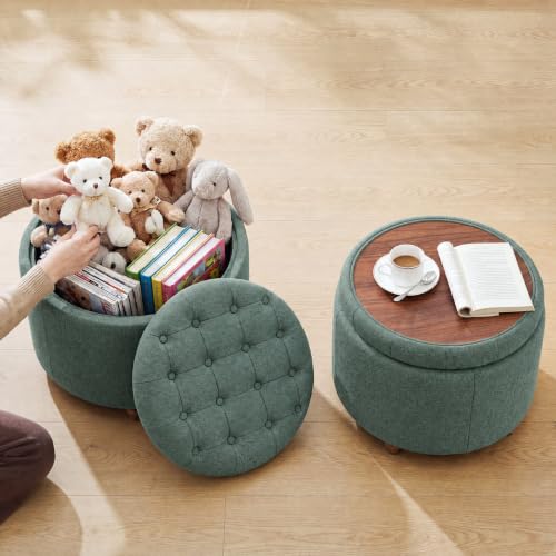 25" Round Ottoman with Storage, Small Coffee Table with Reversible Tray Lid | Tufted Fabric Round Storage Ottoman with Solid Wood Legs, 3-in-1 Footrest for Living Room, Bedroom, Entryway, Green - color: Green