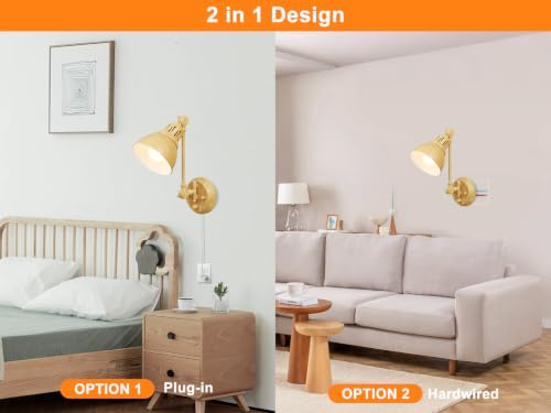 GOODATE 1 Pack Plug in Wall Sconce with Remote Control, Dimming, Adjustable Colors 2700K-6500K, Plug in Wall Light, Swing Arm Wall Lamp with Night Light & Timer, LED Bulb Included, Oak Finish - size: Oak-1 PACK(Bulb+Remote)