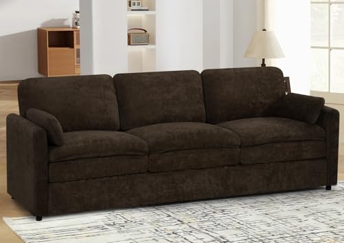 89" Chenille Modern Sofa w/Plump Backrests, Brown | 3 Seater Couch w/Soft Pillows, Comfy Upholstered Couch w/Thicker & Deeper Seats for Living Room, Bedroom - color: Brown, size: Sofa