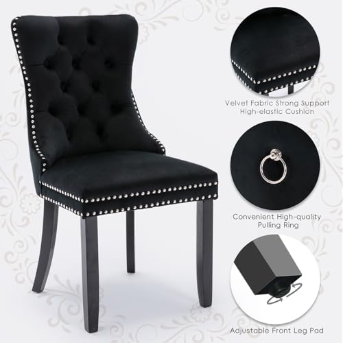 Velvet Upholstered Dining Chairs Set of 2, Modern Style Kitchen Side Chairs with Nailhead Trim and Wood Legs,Metal Pulling Ring for Dining Room Living Room(Black,Set of 2) - color: Black, size: Set of 2