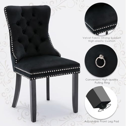 Velvet Upholstered Dining Chairs Set of 2, Modern Style Kitchen Side Chairs with Nailhead Trim and Wood Legs,Metal Pulling Ring for Dining Room Living Room(Black,Set of 2) - color: Black, size: Set of 2